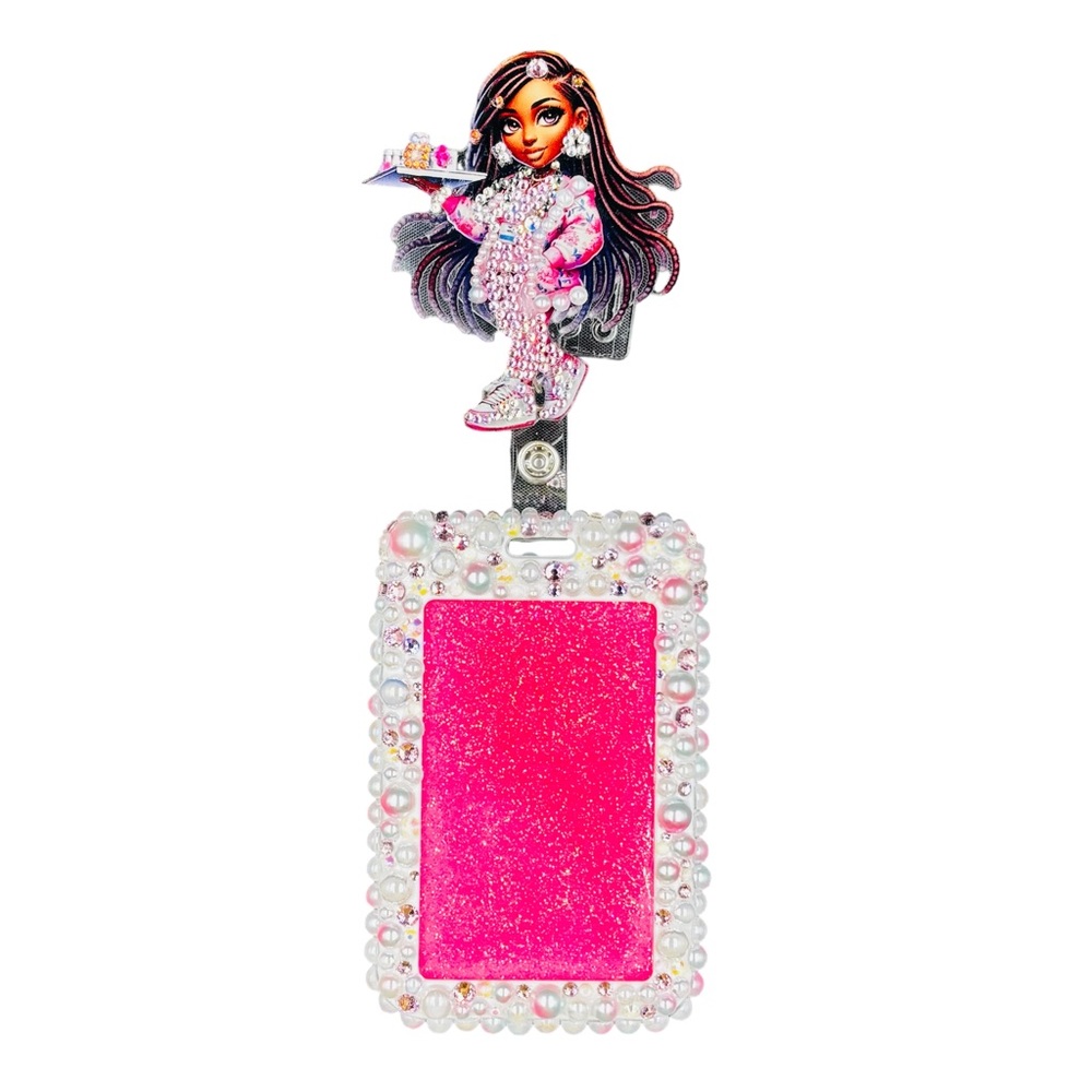 Bling Pearl Fashion Work Name Badge ID Card Holder & Retractable Reel Clip Pink